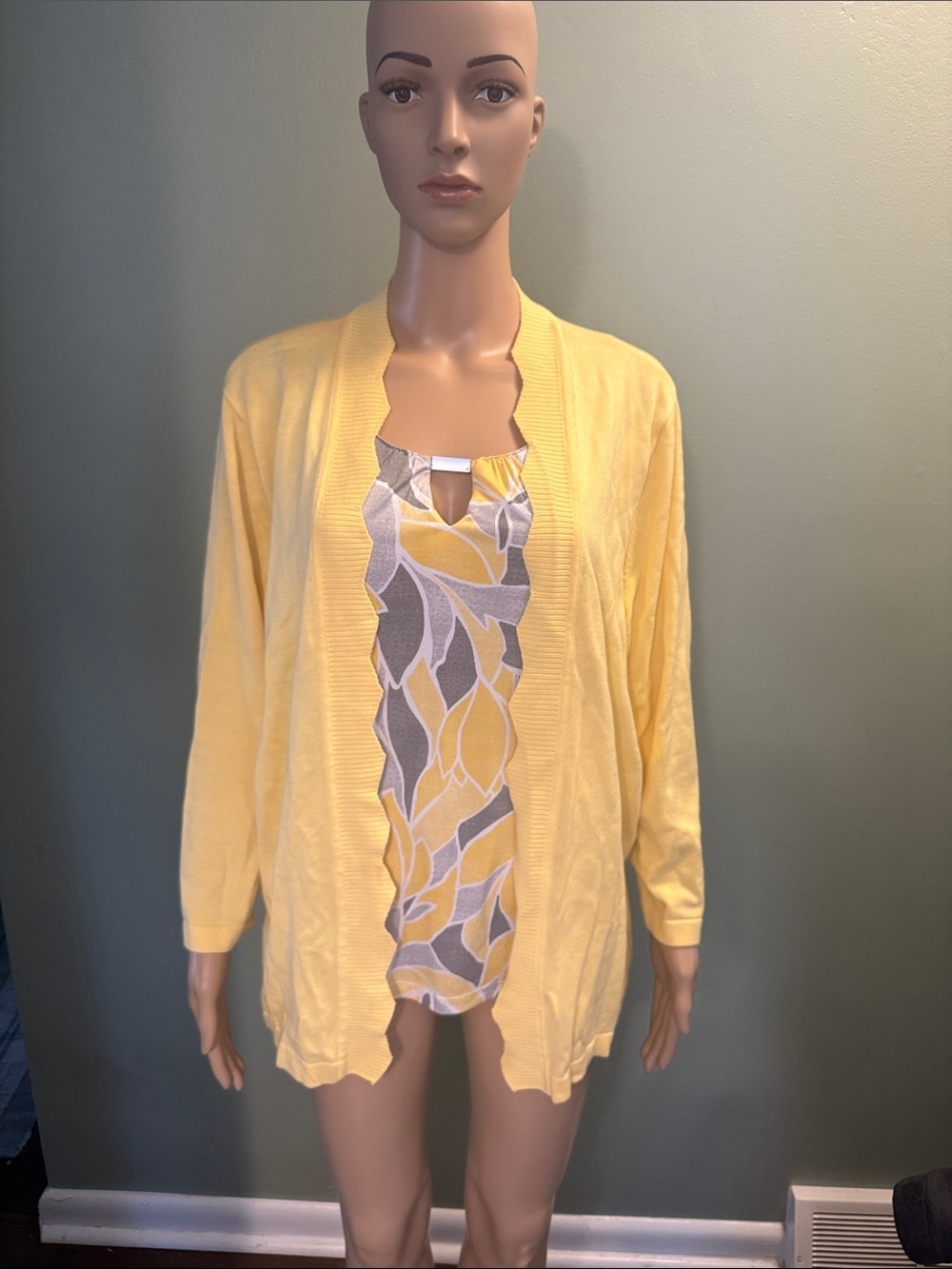 Alfred Dunner Yellow Cardigan with Geo-Print Shell